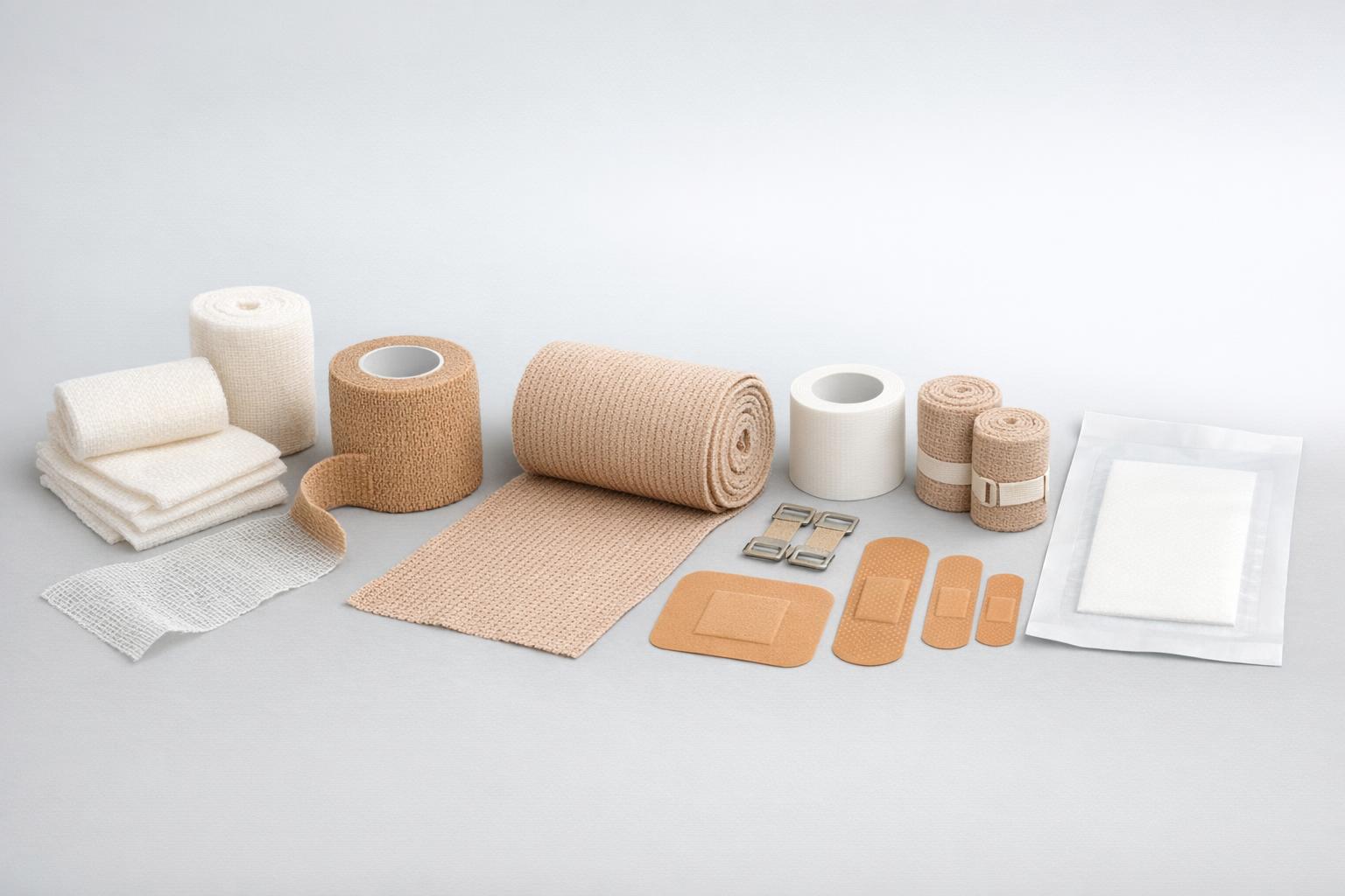 Zdjęcie porównawcze: różne typy bandaży rozłożone obok siebie