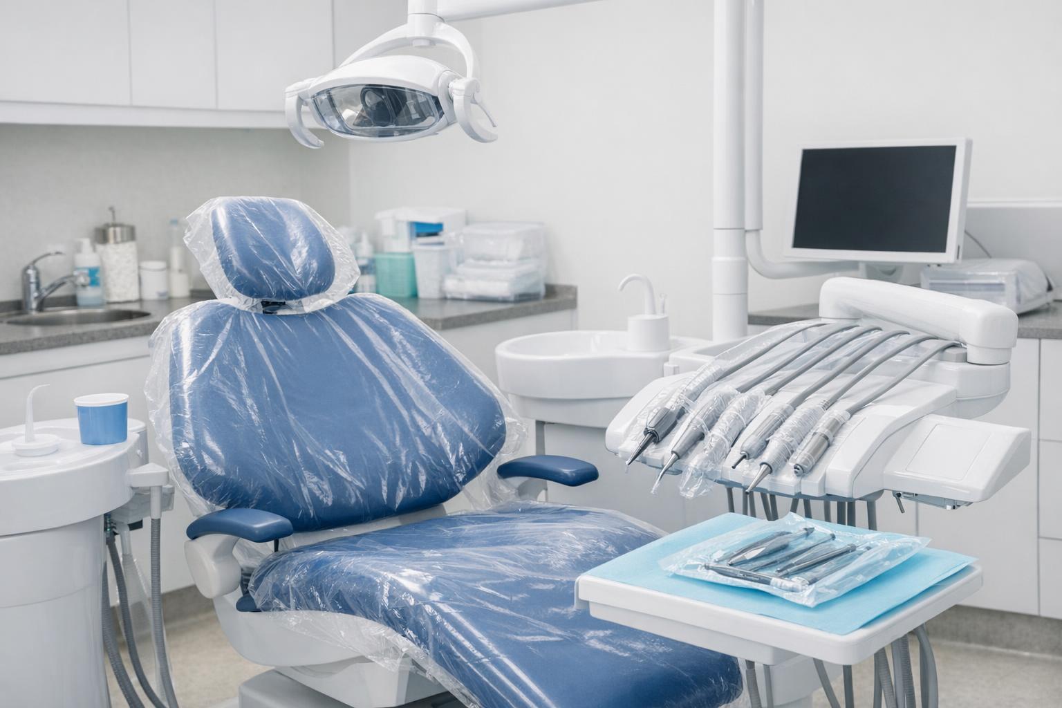 Opis zdjęcia: higienicznie przygotowany fotel stomatologiczny przed przyjęciem pacjenta